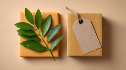 Two elegantly wrapped gift boxes with a sprig of green leaves and a blank tag on a neutral background, evoking a sense of elegance and simplicity