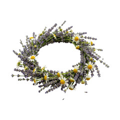 Lavender and daisy floral wreath isolated on transparent background