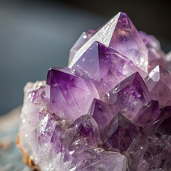 Fototapeta premium Close up of translucent purple amethyst crystal cluster with sharp facets and rough base full hd 4k stock image download