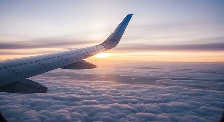 Obraz premium Airplane Wing View at Sunset Above the Clouds Aviation Journey and Sunrise from Air Travel Scenic Flight Adventure in the Sky Holiday Trip Flight to Destination Vacation Getaway