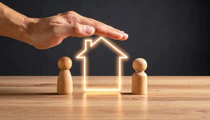 Symbolic scene of glowing house protected by hand, flanked by wooden family figures on dark background.