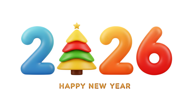 Happy new year 2026 colorful 3d numbers and festive xmas tree