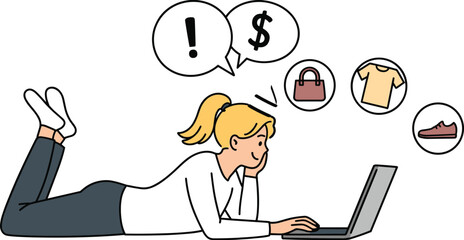 Young woman shopping online from home using laptop, thinking about fashion items, deals, discounts, clothing, shoes, bags, and prices.