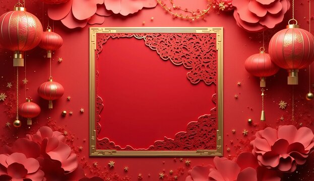 Chinese New Year Frame Background. Red and gold festive frame with hanging lanterns, floral paper decorations, and empty space for greeting or text.
