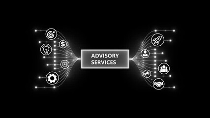 Advisory Services for Business Strategy. Optimization of business and production processes. Virtual network connecting service with graphical icons in various.