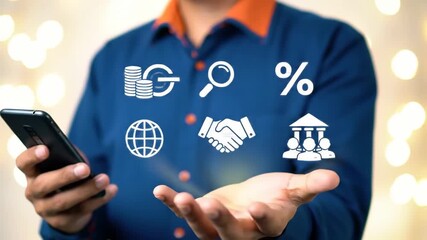 A person holds a mobile phone, showcasing financial icons against a blurred background, symbolizing modern finance and digital business solutions. - Powered by Adobe