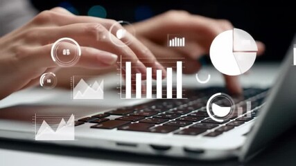Close up shot of hands typing on a laptop keyboard, with a data visualization overlay, in front of a dark background, analyzing information for business strategies. - Powered by Adobe