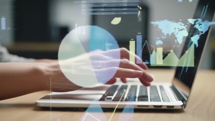 Close up of hands typing on a laptop displaying financial charts and a global map, set on a wooden desk in a softly lit office environment. An analytics presentation - Powered by Adobe