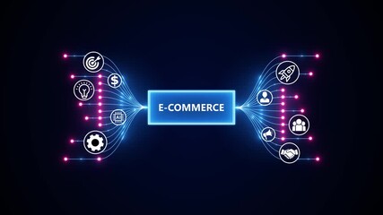E-Commerce Technology: Data Analytics, Automation, Digital Marketing. Optimization of business and production processes. Virtual network connecting service with graphical icons in various. - Powered by Adobe