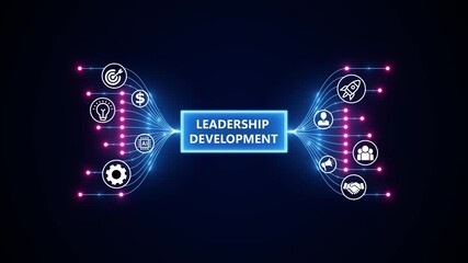 Leadership development, management, and business growth concept. Optimization of business and production processes. Virtual network connecting service with graphical icons in various.