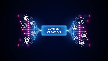 Content creation, digital marketing, and brand communication concept. Optimization of business and production processes. Virtual network connecting service with graphical icons in various. - Powered by Adobe