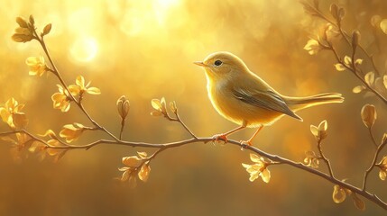 Obraz premium Golden Bird on Blossoming Branch at Sunrise