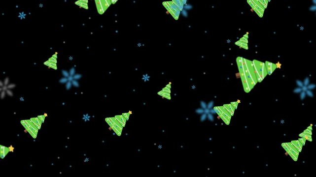 Rotating animation and zoom in on a Christmas tree and snowflake with parallax effects on a black background. Suitable for Christmas and holiday themes.