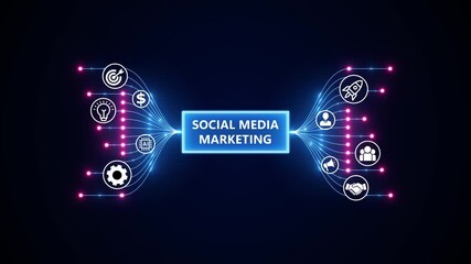 Social media marketing, advertising, and online brand promotion. Optimization of business and production processes. Virtual network connecting service with graphical icons in various. - Powered by Adobe