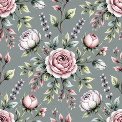 Floral pattern roses flowers leaves botanical design seamless background textile wallpaper fabric nature spring summer garden elegant romantic vintage