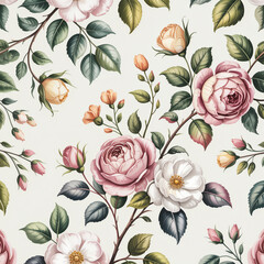 Roses floral pattern botanical garden nature spring summer blossom bloom petals leaves elegant romantic vintage decorative wallpaper background