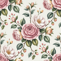Roses floral pattern seamless background flowers pink white leaves buds branches botanical nature garden spring summer elegant decorative feminine