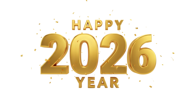 Happy 2026 year golden text and confetti new year celebration