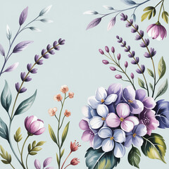 Floral watercolor flowers lavender hydrangea peony botanical art nature spring summer garden blossom bloom petals leaves elegant design card invitation