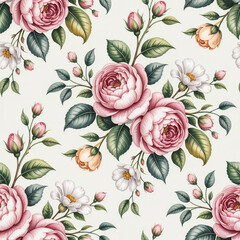 Floral pattern roses pink white leaves blossoms buds botanical garden spring summer nature elegant romantic vintage textile design wallpaper art
