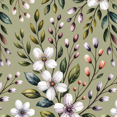 Floral pattern flowers leaves botanical nature spring summer garden blossom bloom petals branches elegant decorative design seamless textile wallpaper