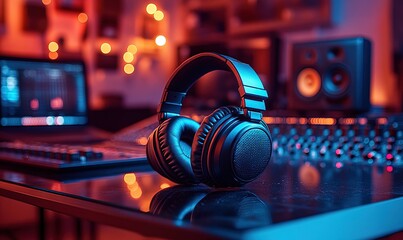 Headphones in a professional recording studio with a laptop and soundboard
