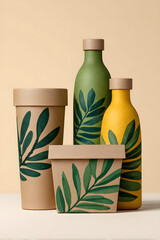 A close-up shot of several eco-friendly bottles and cups with nature-themed design against a plain background. The objects are in different shapes, sizes, and colors