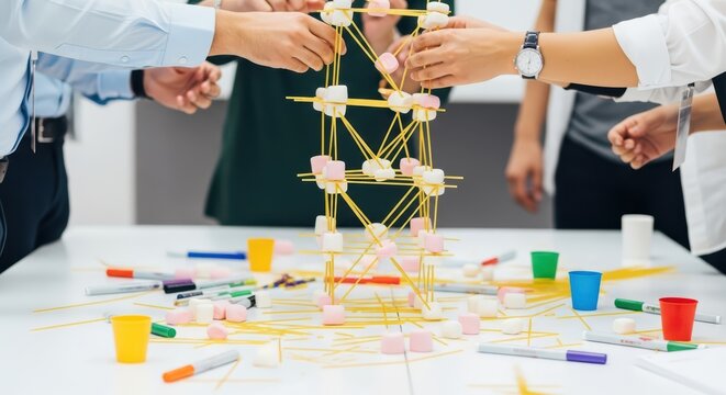 Team collaboration building marshmallow spaghetti tower challenge