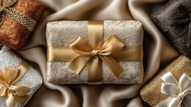 Silver glitter gift box with gold ribbon on satin fabric. - Powered by Adobe