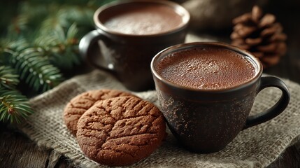 Rustic winter hot chocolate with cookies on burlap and pinecones.