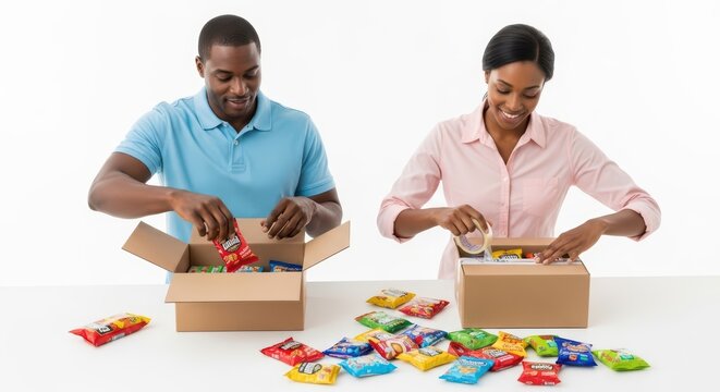 African adults packing snack boxes with joyful smiles and assortment of colorful treats