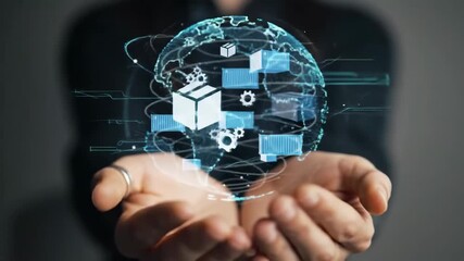 A person holds a holographic globe with digital logistics elements floating above their hands in a studio setting. The background is solid, ideal for business and technology presentations. - Powered by Adobe