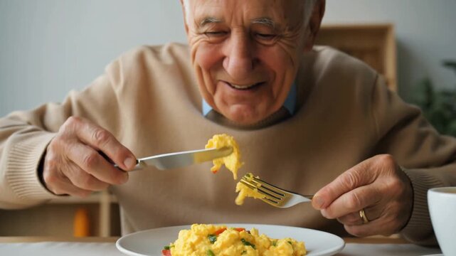 An elderly person is having breakfast and enjoys eating egg and vegetable Stock Video