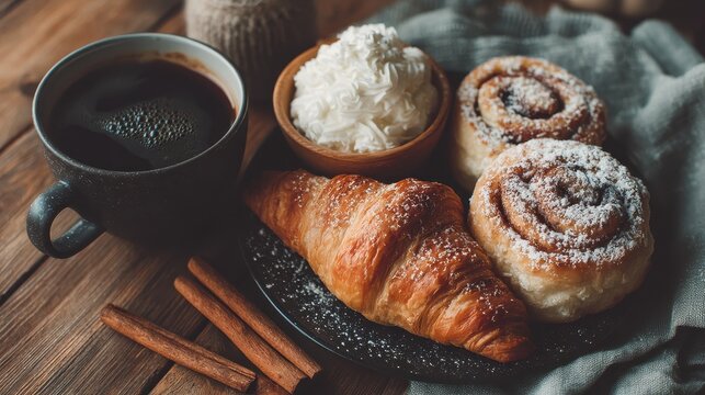 Coffee with croissant and cinnamon rolls on rustic wooden table - Powered by Adobe