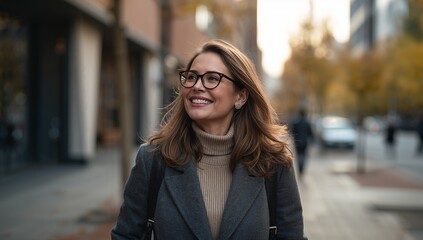 Confident young professional woman radiating positivity walking through the city, embodying success and modern style, perfect for inspiring campaigns.