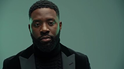 Portrait of a Handsome Bearded Man in Black Turtleneck and Velvet Blazer Against Teal Background with Soft Lighting and Focused Expression Ideal for Portraiture - Powered by Adobe