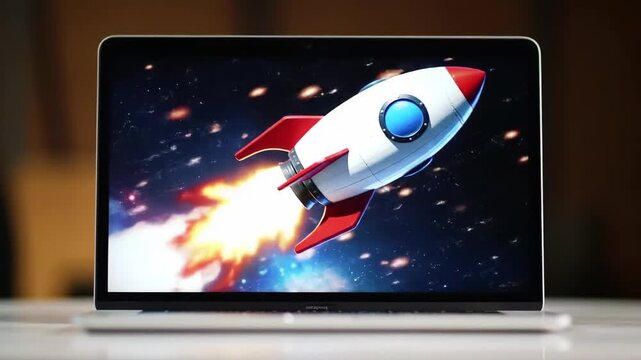 Pixel art rocket launching on a laptop screen, set against a dark neutral backdrop. The white laptop sits on a white tabletop, creating a visually striking display of futuristic technology.