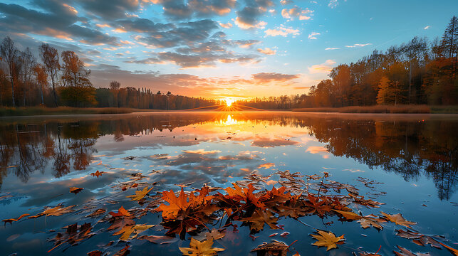 Golden autumn sunset reflects on calm lake surrounded by colorful trees and floating leaves