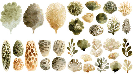 Watercolor marine sponges and sea plants in neutral olive and beige. Textured ocean elements isolated on white for natural branding, patterns, and coastal decor.