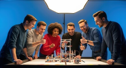 Group of young adults enjoying robotics building activity in collaborative setting