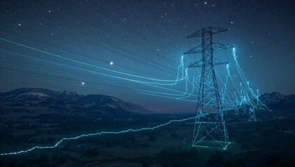 Modern power lines connecting mountains with vibrant energy under a starlit sky, showcasing the power of electricity and innovation for a bright future