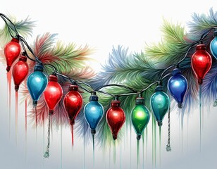 Festive watercolor illustration of red and blue Christmas lights intertwined with colorful pine branches, evoking a cheerful holiday spirit