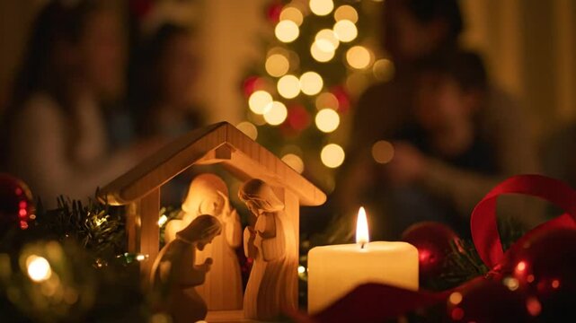 Warm festive scene featuring nativity figures glowing candle and Christmas