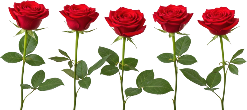 Five Vibrant Red Roses With Green Stems And Leaves Isolated On A Transparent Background Presented In A Row Flower Nature Floral Bloom Botanical Garden Plant Petal Leaf Fresh Beauty Romance