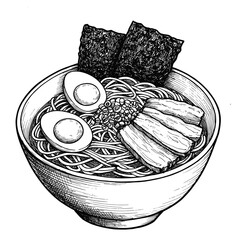 Detailed illustration of a bowl of ramen noodles with toppings  