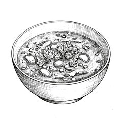 Bowl of vegetable soup with herbs and beans in a ceramic dish  