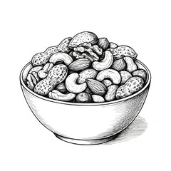 Bowl of mixed nuts in illustrated style on white background  