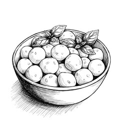 Bowl of mozzarella balls with basil leaves in sketch style  