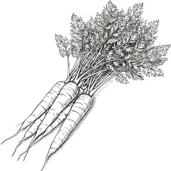 Bunch of carrots with green leaves in sketched style  