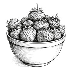 Hand-drawn bowl filled with fresh strawberries in black and white  